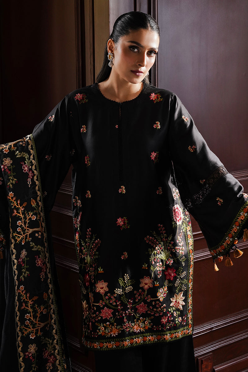 RAVEN BLOSSOM-3PC SATIN EMBROIDERED SUIT | SATIN DE LUXE | CROSS STITCH