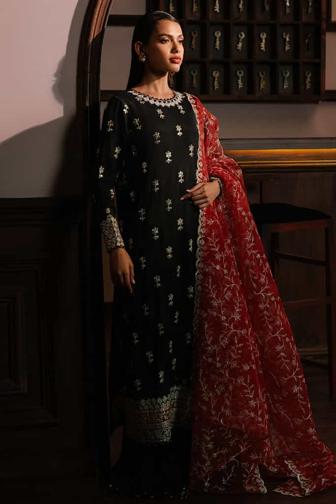 SCARLET CINNABAR-3PC SILK EMBROIDERED SUIT | WEDDING UNSTITCHED | CROSS STITCH in UK USA UAE online kapraye.com