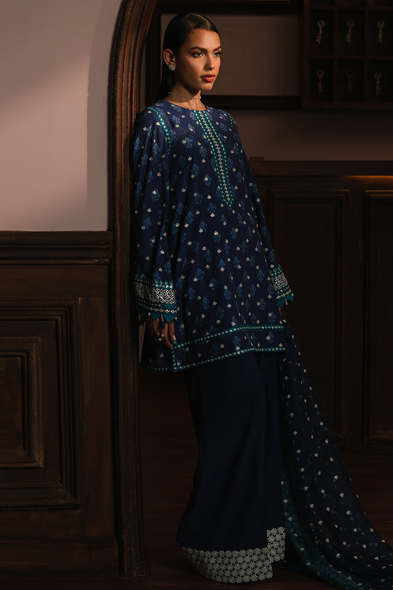 AZURE ELEGANCE-3PC SILK EMBROIDERED SUIT | WEDDING UNSTITCHED | CROSS STITCH in UK USA UAE online kapraye.com