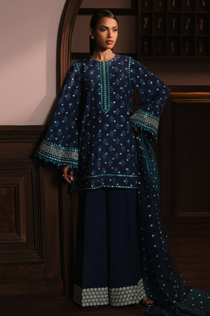 AZURE ELEGANCE-3PC SILK EMBROIDERED SUIT | WEDDING UNSTITCHED | CROSS STITCH in UK USA UAE online kapraye.com