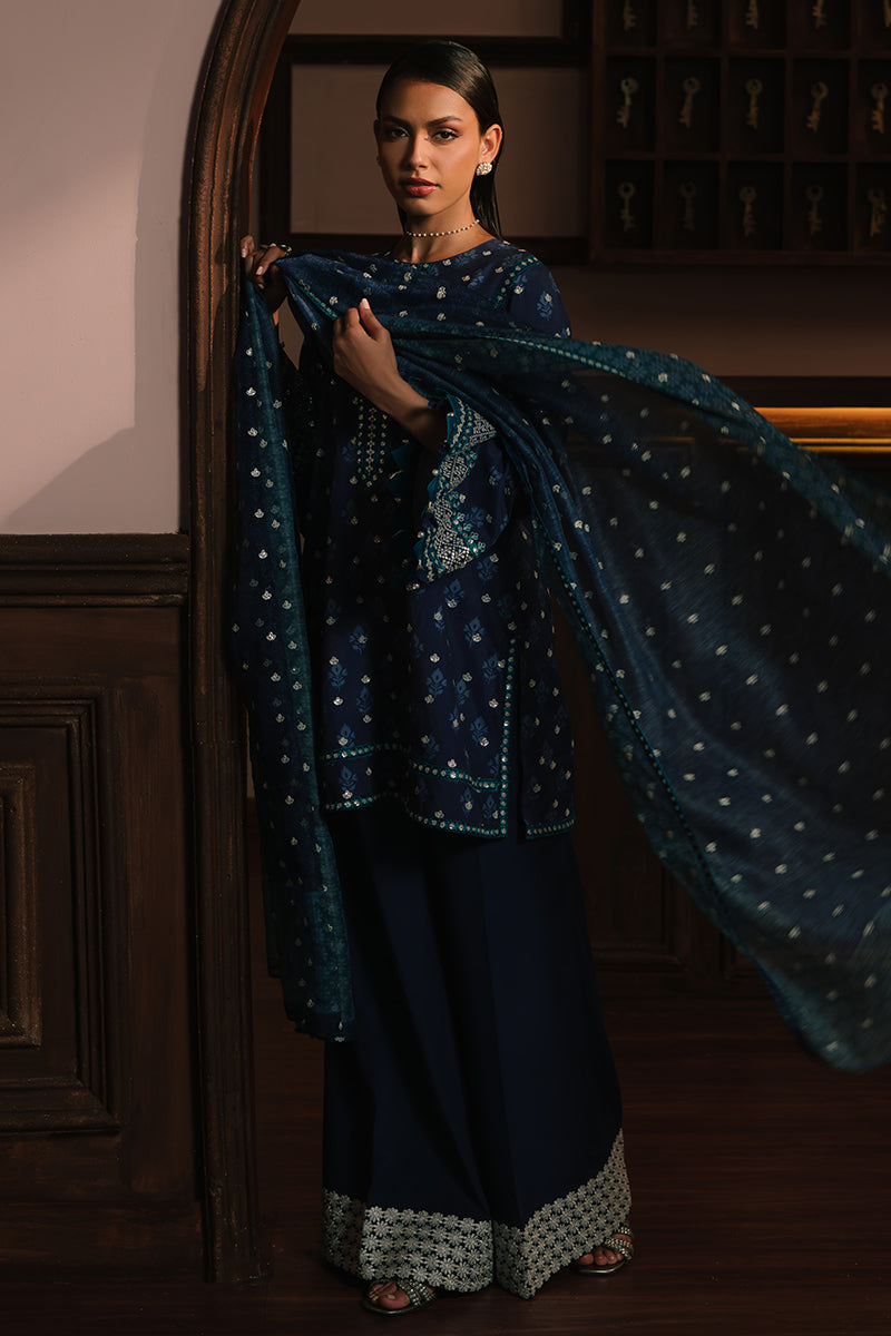 AZURE ELEGANCE-3PC SILK EMBROIDERED SUIT | WEDDING UNSTITCHED | CROSS STITCH in UK USA UAE online kapraye.com