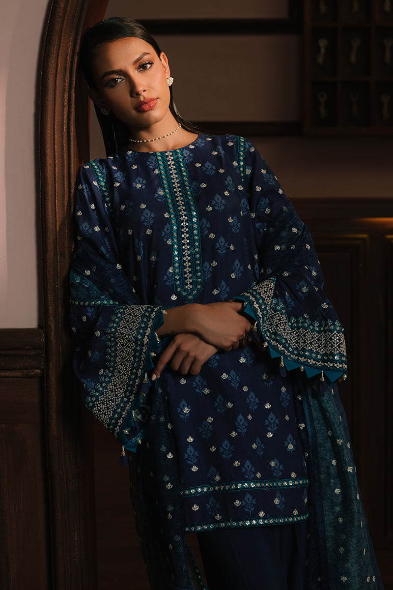 AZURE ELEGANCE-3PC SILK EMBROIDERED SUIT | WEDDING UNSTITCHED | CROSS STITCH in UK USA UAE online kapraye.com