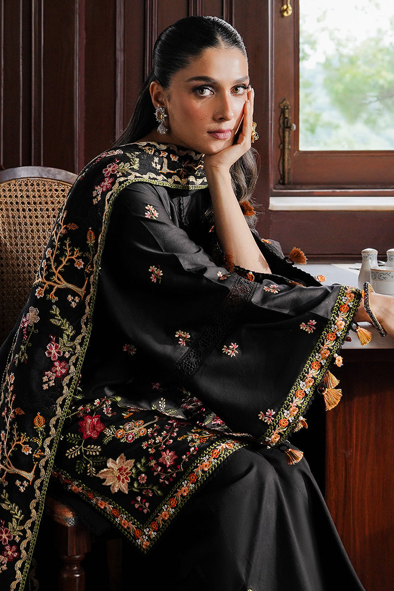 RAVEN BLOSSOM-3PC SATIN EMBROIDERED SUIT | SATIN DE LUXE | CROSS STITCH