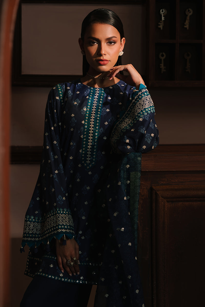 AZURE ELEGANCE-3PC SILK EMBROIDERED SUIT | WEDDING UNSTITCHED | CROSS STITCH in UK USA UAE online kapraye.com