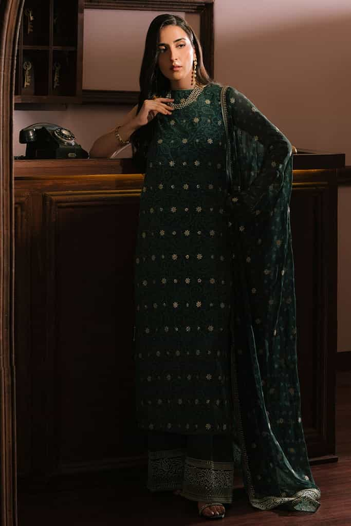 EMERALD MAJESTY-3PC SILK EMBROIDERED SUIT | WEDDING UNSTITCHED | CROSS STITCH in UK USA UAE online kapraye.com