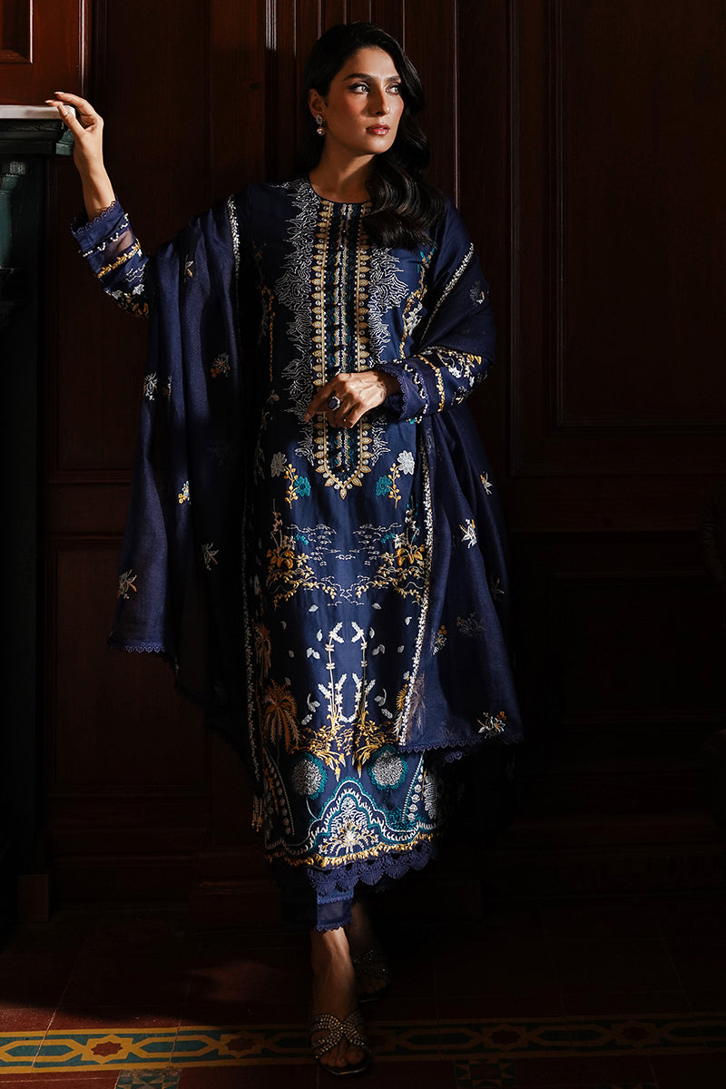 CELESTIAL NAVY-3PC SATIN EMBROIDERED SUIT | SATIN DE LUXE | CROSS STITCH