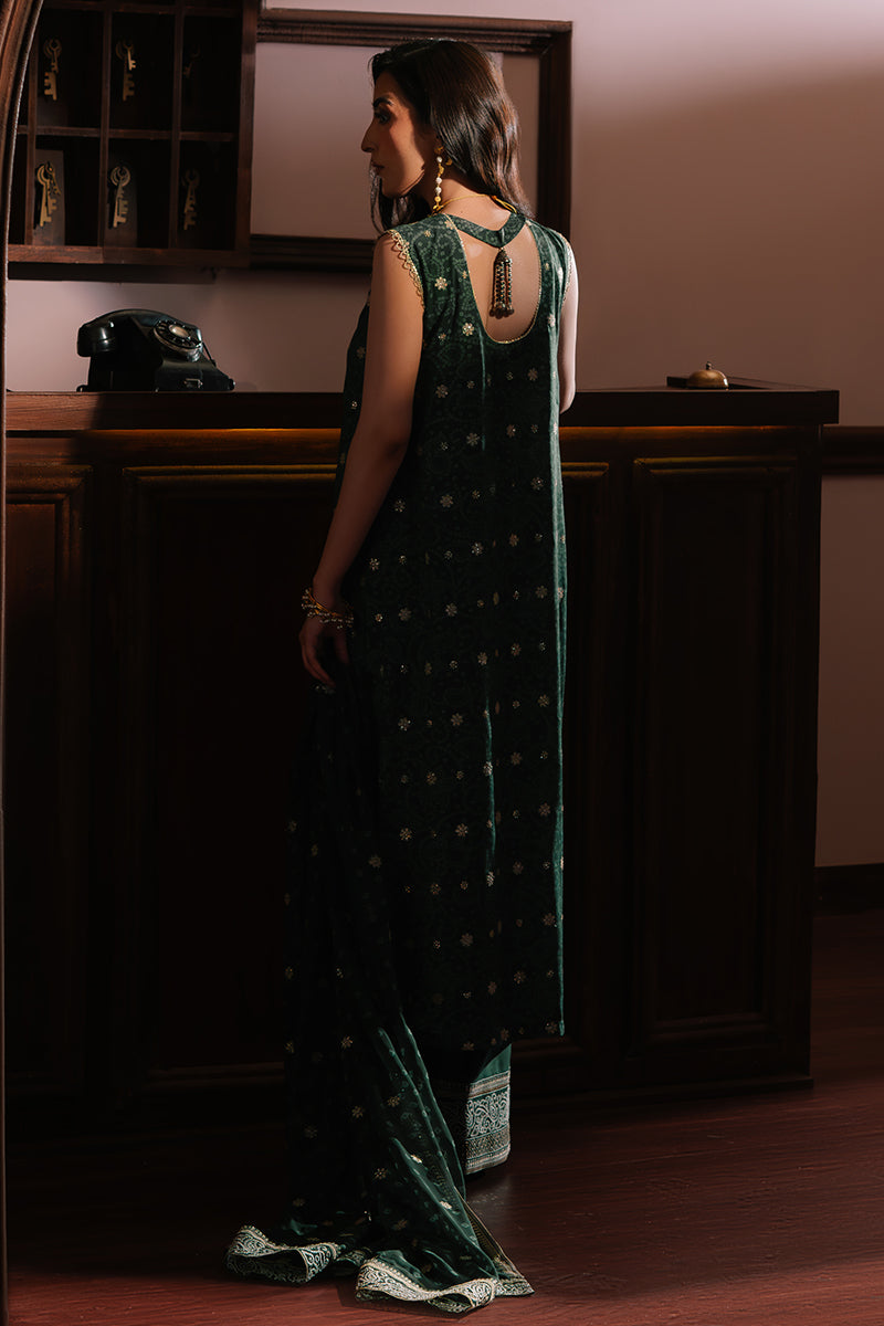 EMERALD MAJESTY-3PC SILK EMBROIDERED SUIT | WEDDING UNSTITCHED | CROSS STITCH in UK USA UAE online kapraye.com