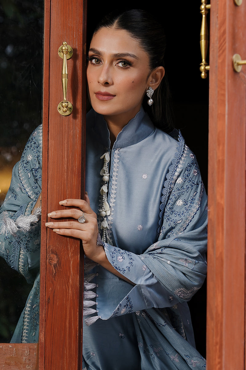 SERENITY BLUE-3PC SATIN EMBROIDERED SUIT | SATIN DE LUXE | CROSS STITCH in UK USA UAE online kapraye.com