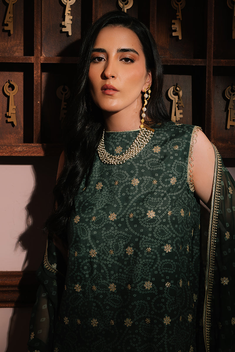 EMERALD MAJESTY-3PC SILK EMBROIDERED SUIT | WEDDING UNSTITCHED | CROSS STITCH in UK USA UAE online kapraye.com