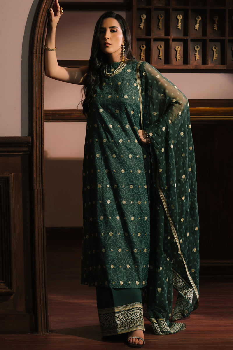 EMERALD MAJESTY-3PC SILK EMBROIDERED SUIT | WEDDING UNSTITCHED | CROSS STITCH in UK USA UAE online kapraye.com