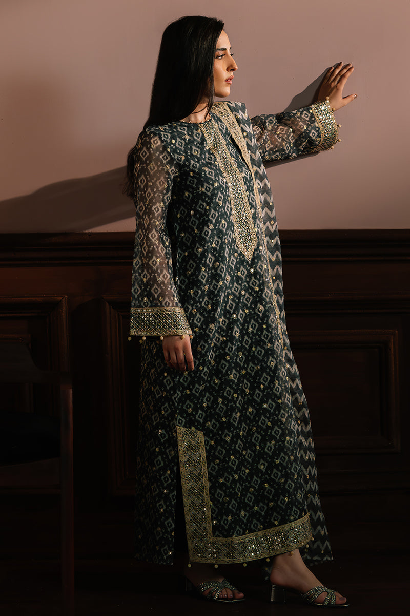 TEAL NOIR-4PC NET EMBROIDERED SUIT | WEDDING UNSTITCHED | CROSS STITCH in UK USA UAE online kapraye.com