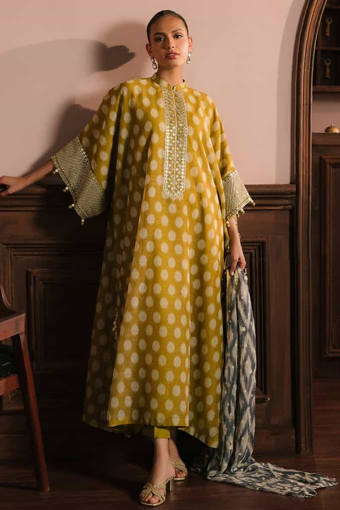 OLIVE DRAB-4PC NET EMBROIDERED SUIT | WEDDING UNSTITCHED | CROSS STITCH in UK USA UAE online kapraye.com