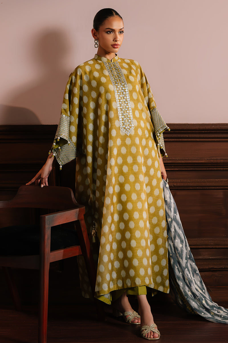 OLIVE DRAB-4PC NET EMBROIDERED SUIT | WEDDING UNSTITCHED | CROSS STITCH in UK USA UAE online kapraye.com