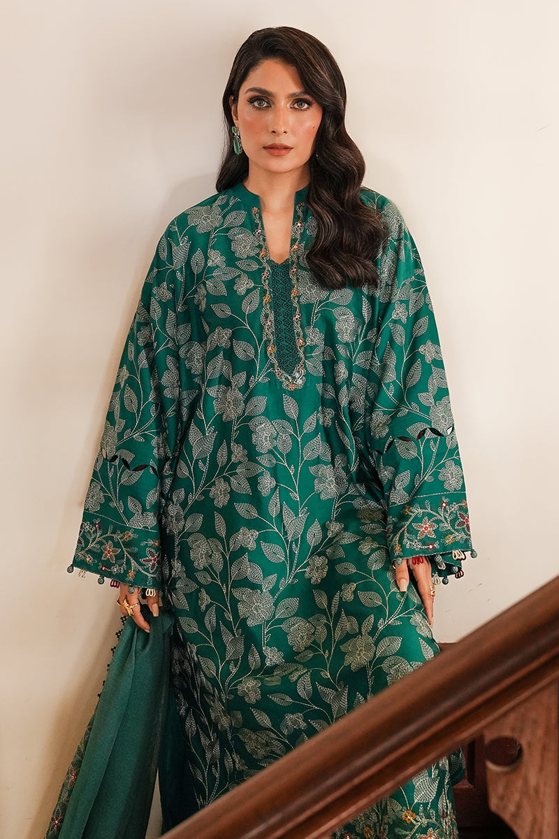 VERDANT HAVEN-3PC SATIN EMBROIDERED SUIT | SATIN DE LUXE | CROSS STITCH in UK USA UAE online kapraye.com