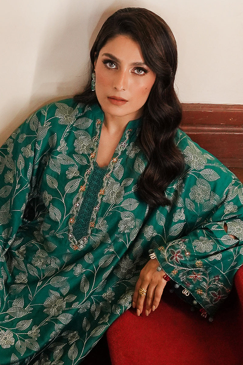 VERDANT HAVEN-3PC SATIN EMBROIDERED SUIT | SATIN DE LUXE | CROSS STITCH in UK USA UAE online kapraye.com