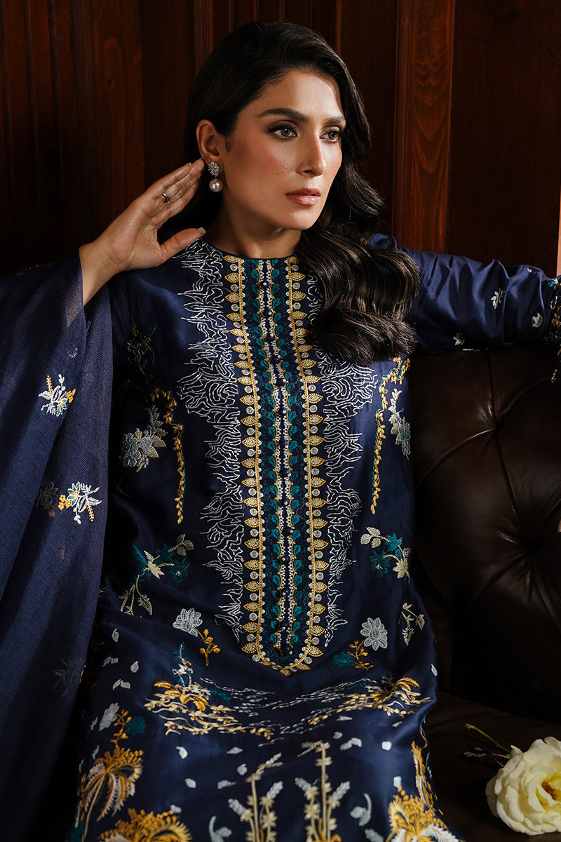 CELESTIAL NAVY-3PC SATIN EMBROIDERED SUIT | SATIN DE LUXE | CROSS STITCH