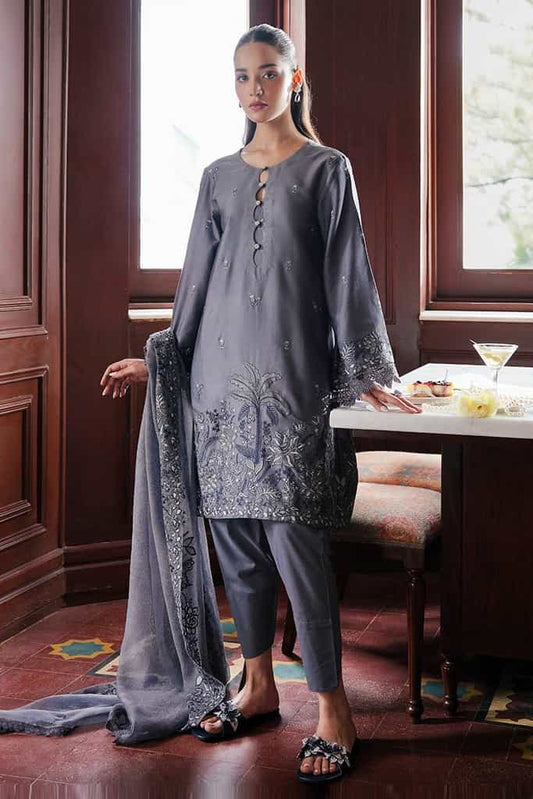 INDIGO BLOOM-3PC SATIN EMBROIDERED SUIT | SATIN DE LUXE | CROSS STITCH