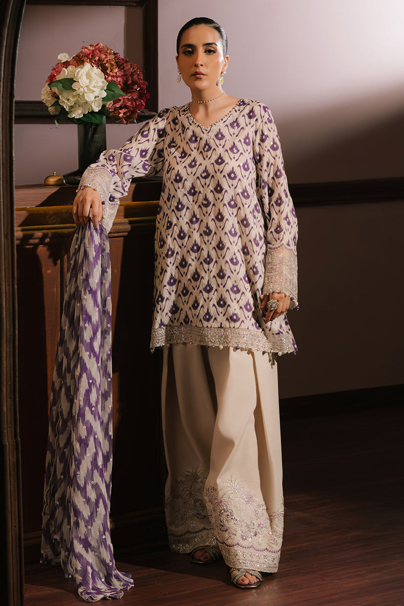 LEVENDER LUXE-3PC SILK EMBROIDERED SUIT | WEDDING UNSTITCHED | CROSS STITCH in UK USA UAE online kapraye.com