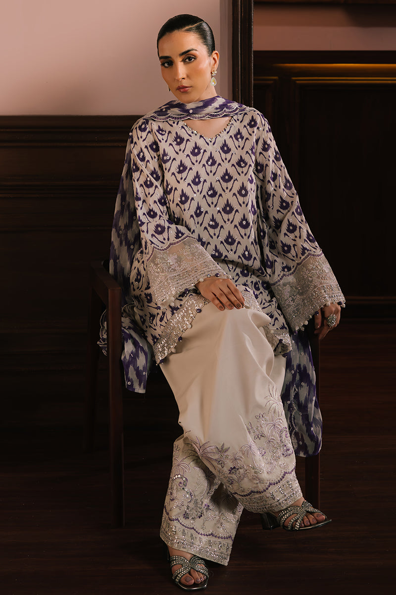 LEVENDER LUXE-3PC SILK EMBROIDERED SUIT | WEDDING UNSTITCHED | CROSS STITCH in UK USA UAE online kapraye.com