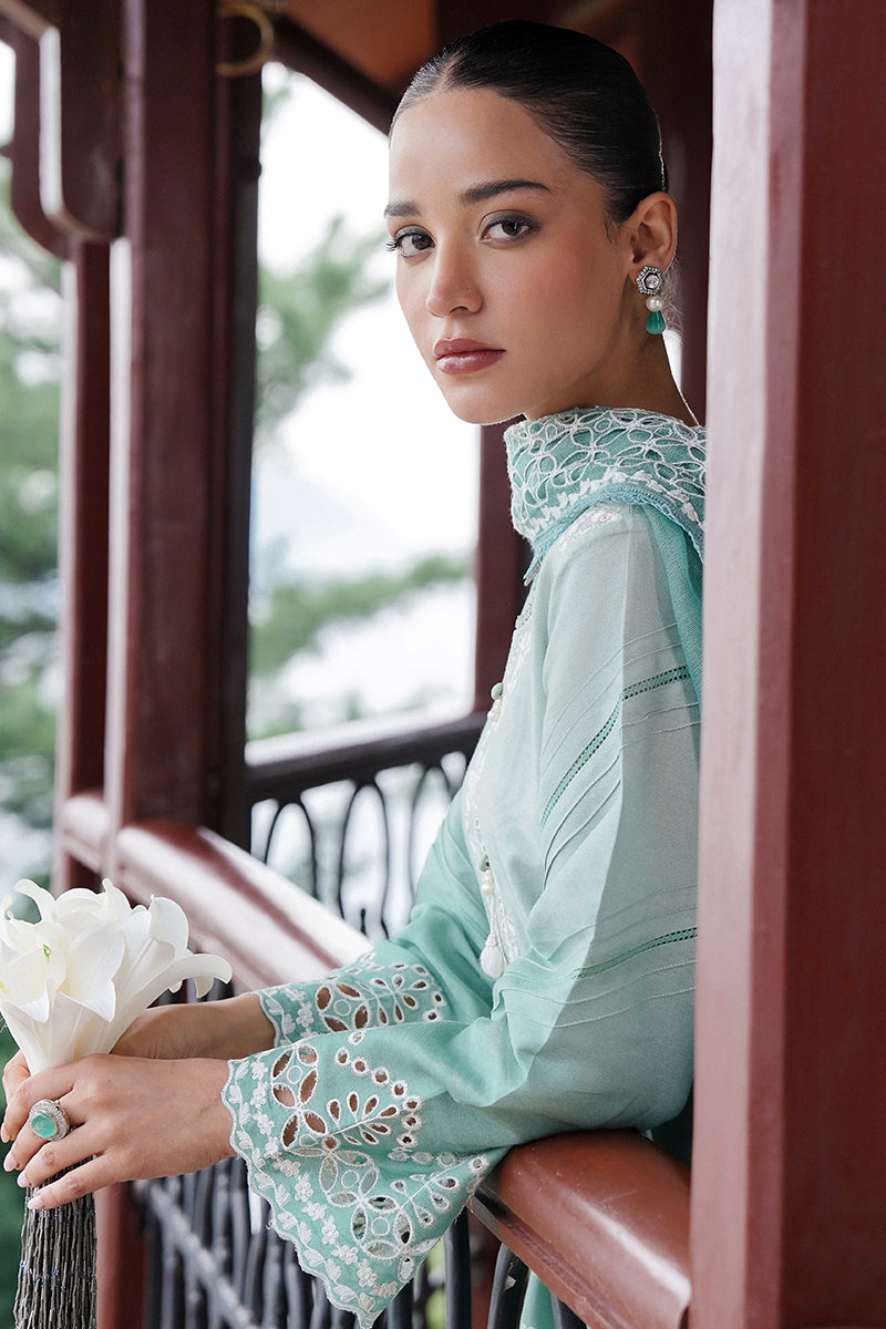 AQUA MELODY-3PC SATIN EMBROIDERED SUIT | SATIN DE LUXE | CROSS STITCH