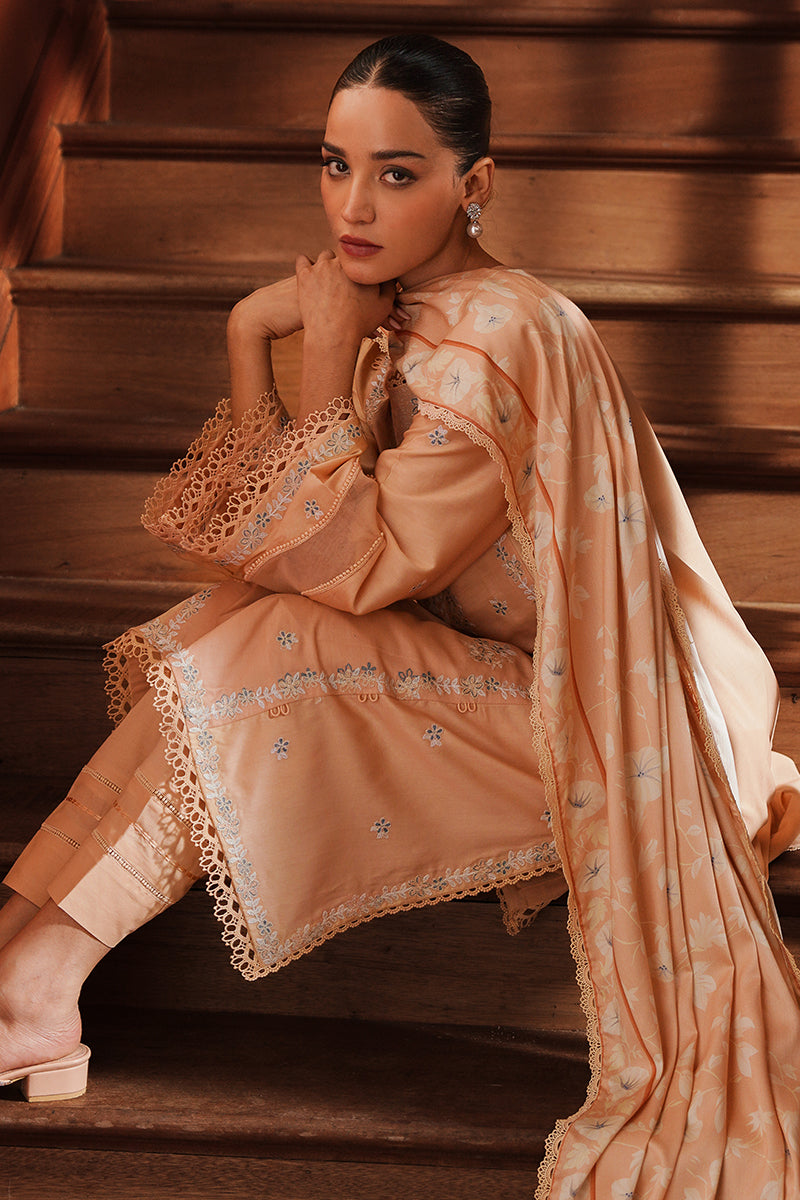 CORAL CHARM-3PC SATIN EMBROIDERED SUIT | SATIN DE LUXE | CROSS STITCH