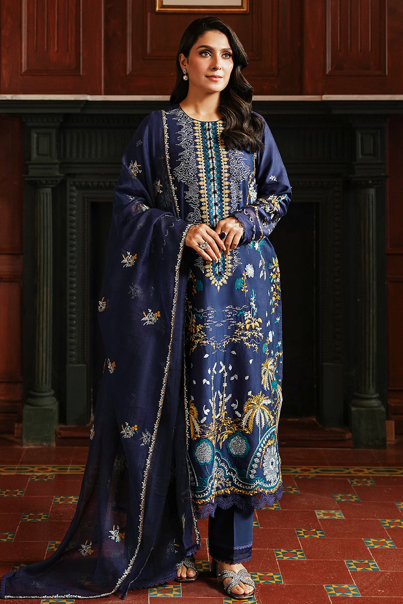 CELESTIAL NAVY-3PC SATIN EMBROIDERED SUIT | SATIN DE LUXE | CROSS STITCH