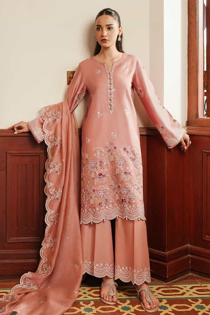 MYSTIC PINK-3PC SATIN EMBROIDERED SUIT | SATIN DE LUXE | CROSS STITCH