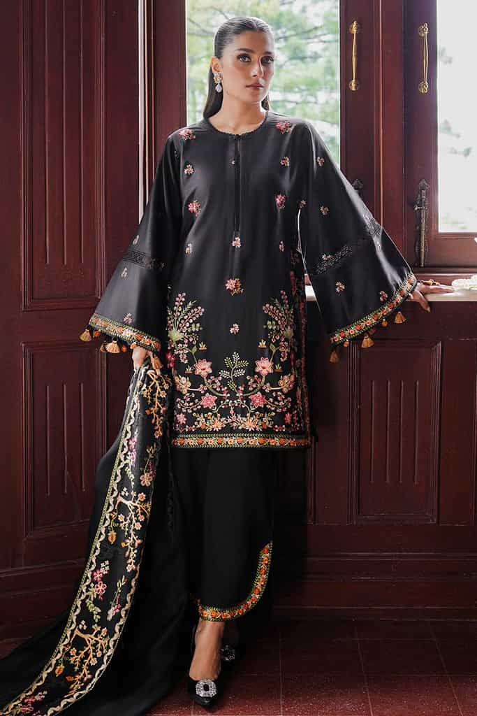 RAVEN BLOSSOM-3PC SATIN EMBROIDERED SUIT | SATIN DE LUXE | CROSS STITCH