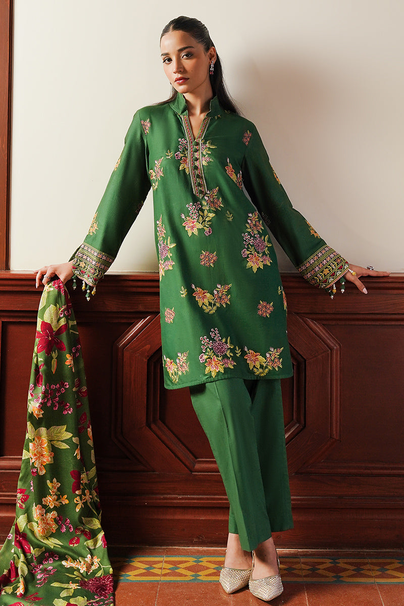 GREEN OASIS-3PC SATIN EMBROIDERED SUIT | SATIN DE LUXE | CROSS STITCH