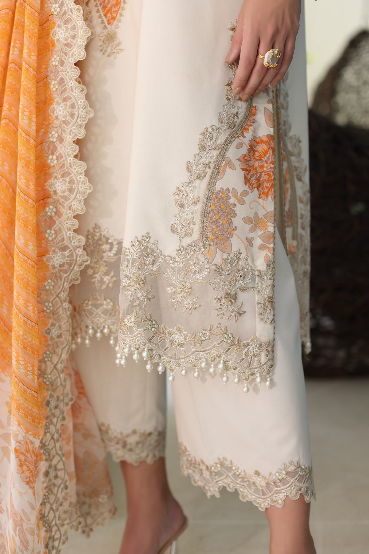 3-PC UNSTITCHED EMBROIDERED LAWN SHIRT WITH EMBROIDERED CHIFFON DUPATTA CN4-11 | NARANJI | CHARIZMA