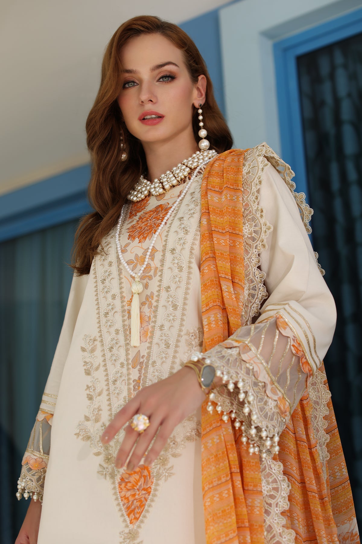 3-PC UNSTITCHED EMBROIDERED LAWN SHIRT WITH EMBROIDERED CHIFFON DUPATTA CN4-11 | NARANJI | CHARIZMA