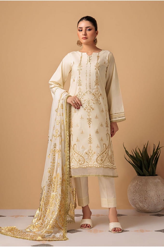 O-WHITE-CAMBRIC-3 PC || CHAMAK DAMAK 2023 || BONANZA SATRANGI in UK USA UAE online kapraye.com