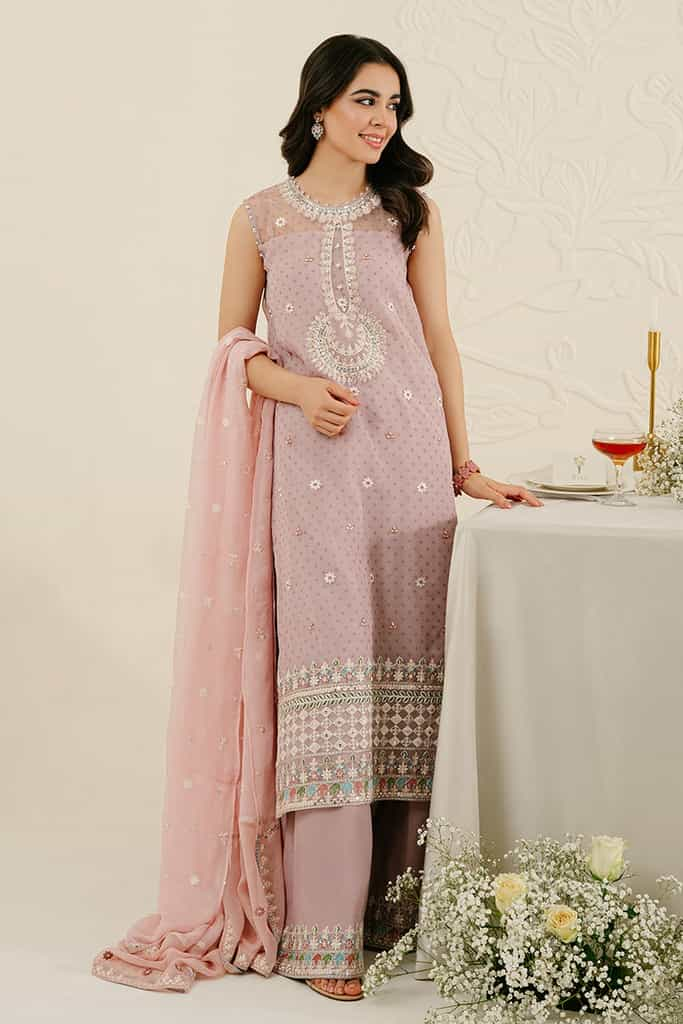 CRADLE PINK-4PC ORGANZA EMBROIDERED SUIT | WEDDING UNSTITCHED | CROSS STITCH in UK USA UAE online kapraye.com