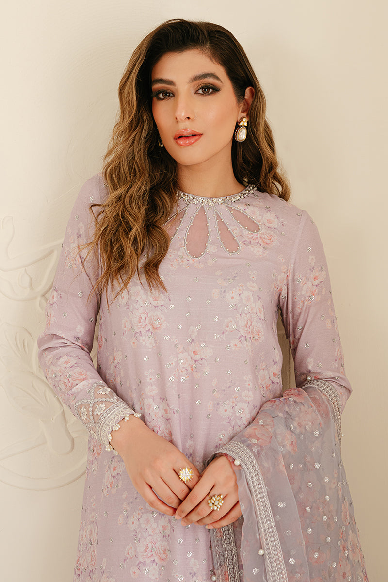 LILAC BLOOM-3PC SILK EMBROIDERED SUIT | WEDDING UNSTITCHED | CROSS STITCH