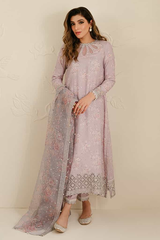 LILAC BLOOM-3PC SILK EMBROIDERED SUIT | WEDDING UNSTITCHED | CROSS STITCH