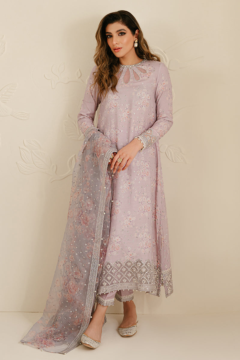 LILAC BLOOM-3PC SILK EMBROIDERED SUIT | WEDDING UNSTITCHED | CROSS STITCH