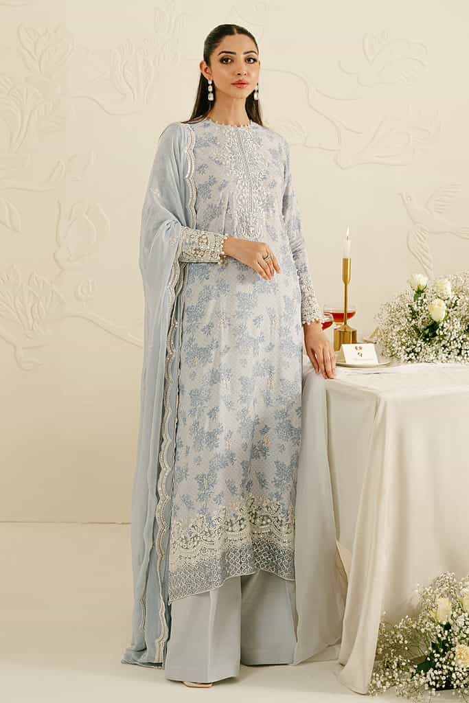 BALLARD BLUE -3PC SILK EMBROIDERED SUIT | WEDDING UNSTITCHED | CROSS STITCH in UK USA UAE online kapraye.com