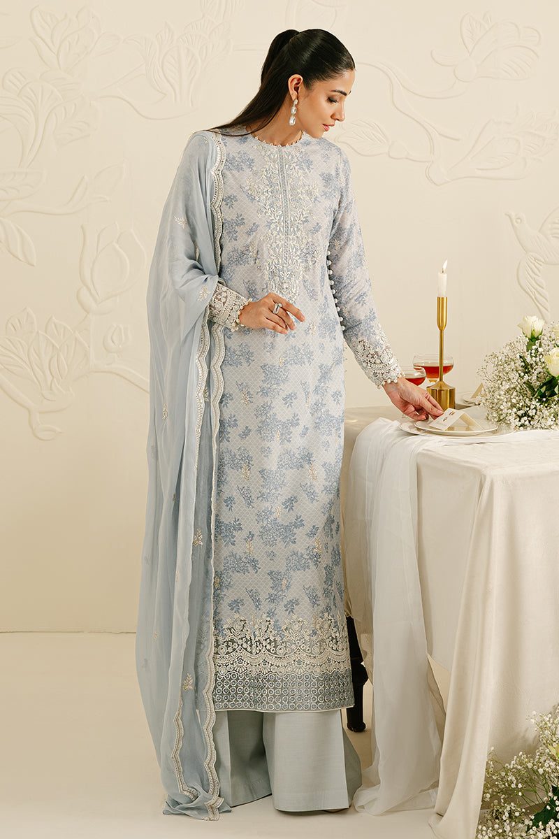 BALLARD BLUE -3PC SILK EMBROIDERED SUIT | WEDDING UNSTITCHED | CROSS STITCH in UK USA UAE online kapraye.com