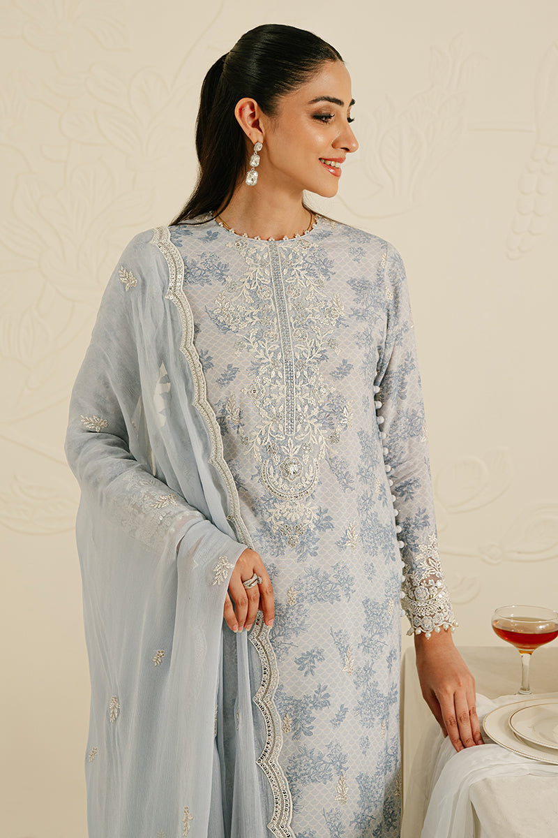 BALLARD BLUE -3PC SILK EMBROIDERED SUIT | WEDDING UNSTITCHED | CROSS STITCH in UK USA UAE online kapraye.com