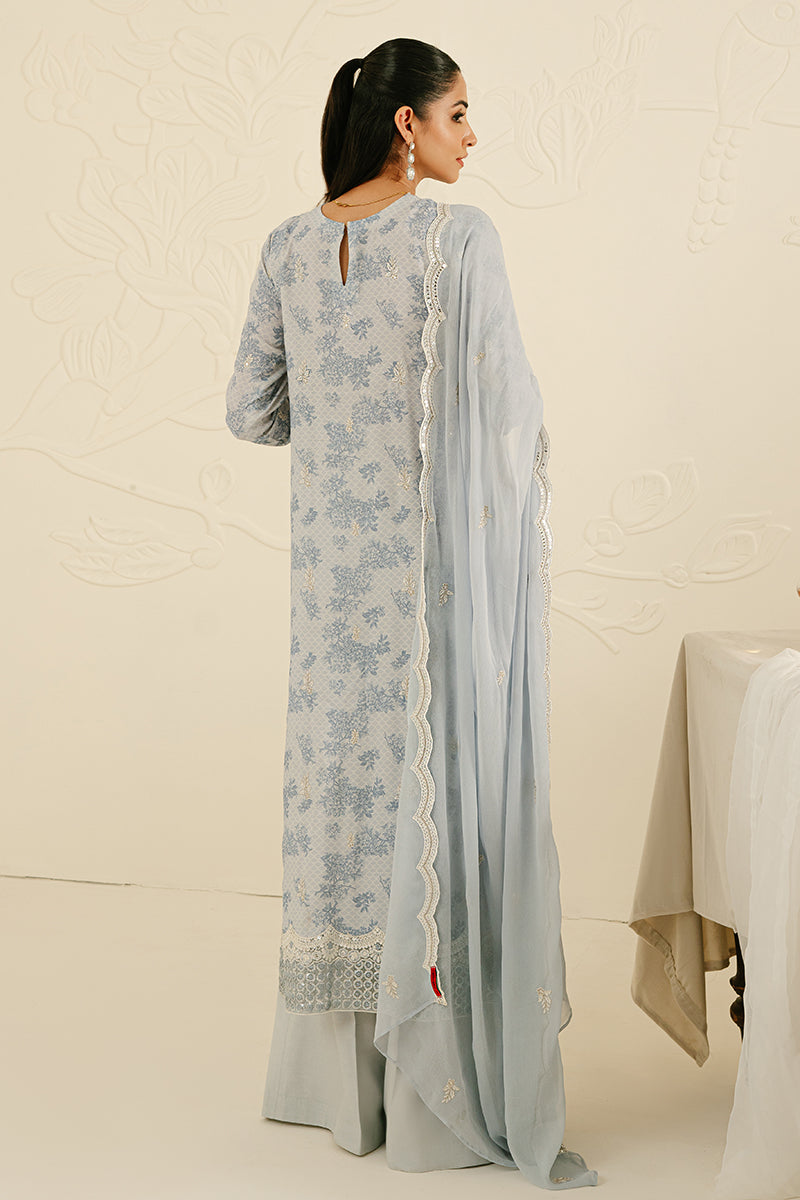 BALLARD BLUE -3PC SILK EMBROIDERED SUIT | WEDDING UNSTITCHED | CROSS STITCH in UK USA UAE online kapraye.com