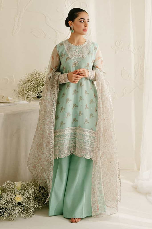 PRISTINE MINT-4PC ORGANZA EMBROIDERED SUIT | WEDDING UNSTITCHED | CROSS STITCH