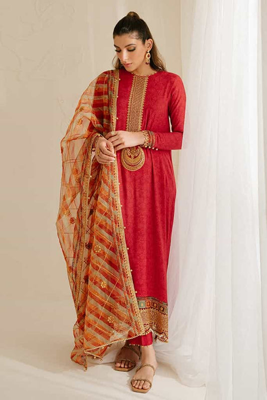 POMPEIAN RED-3PC SILK EMBROIDERED SUIT | WEDDING UNSTITCHED | CROSS STITCH