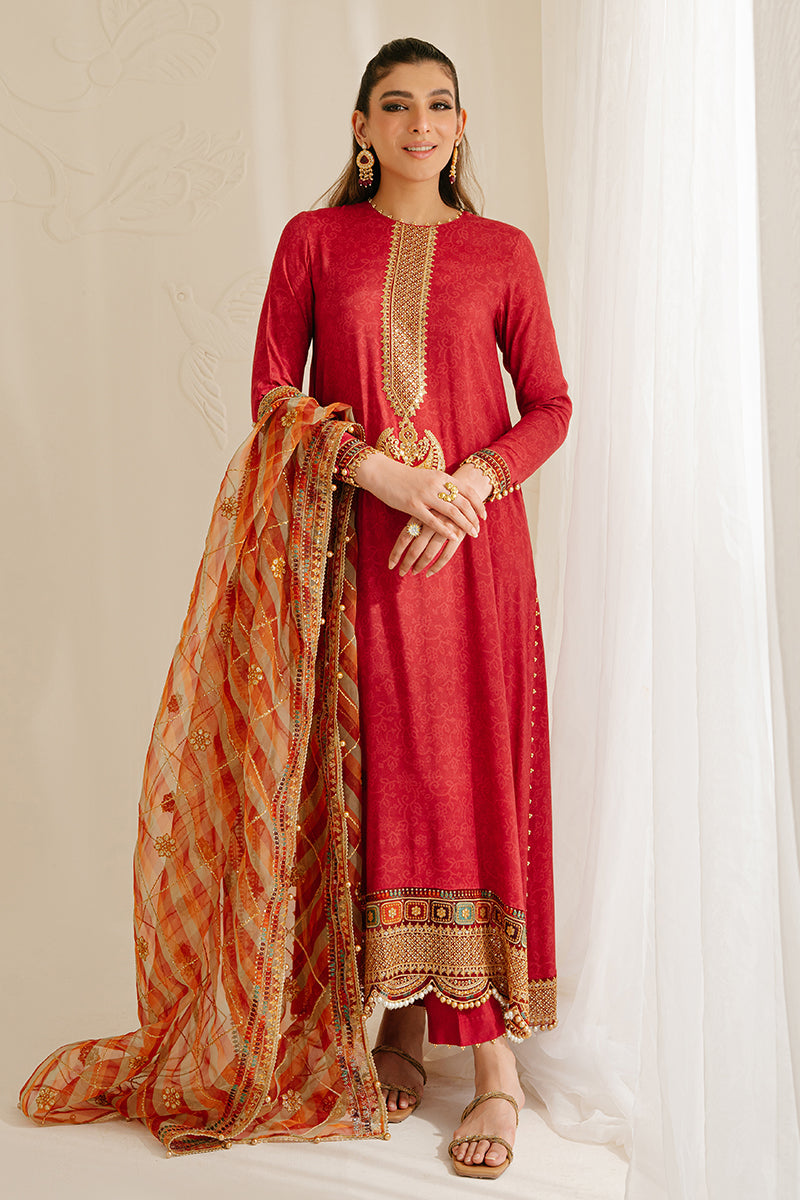 POMPEIAN RED-3PC SILK EMBROIDERED SUIT | WEDDING UNSTITCHED | CROSS STITCH in UK USA UAE online kapraye.com