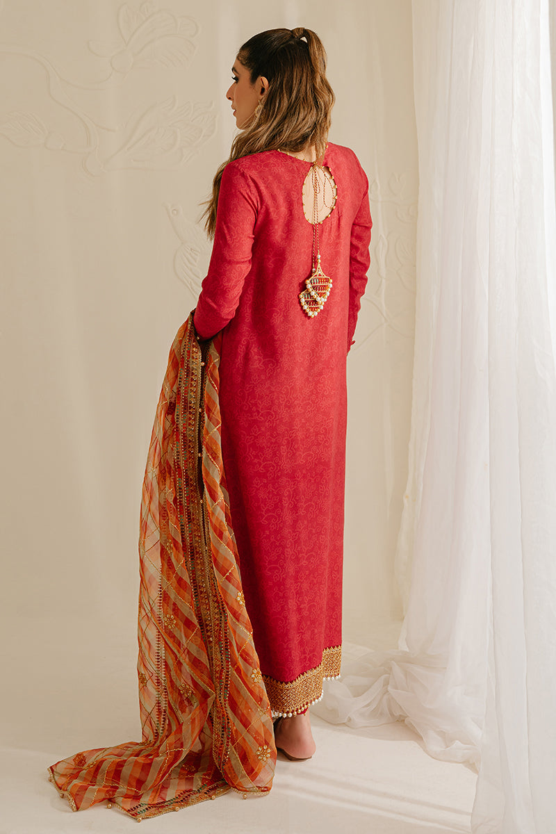 POMPEIAN RED-3PC SILK EMBROIDERED SUIT | WEDDING UNSTITCHED | CROSS STITCH in UK USA UAE online kapraye.com