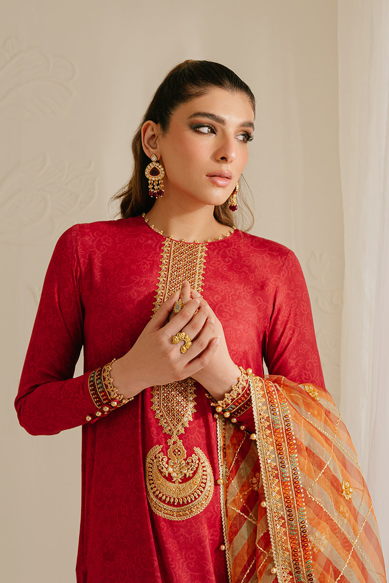 POMPEIAN RED-3PC SILK EMBROIDERED SUIT | WEDDING UNSTITCHED | CROSS STITCH in UK USA UAE online kapraye.com