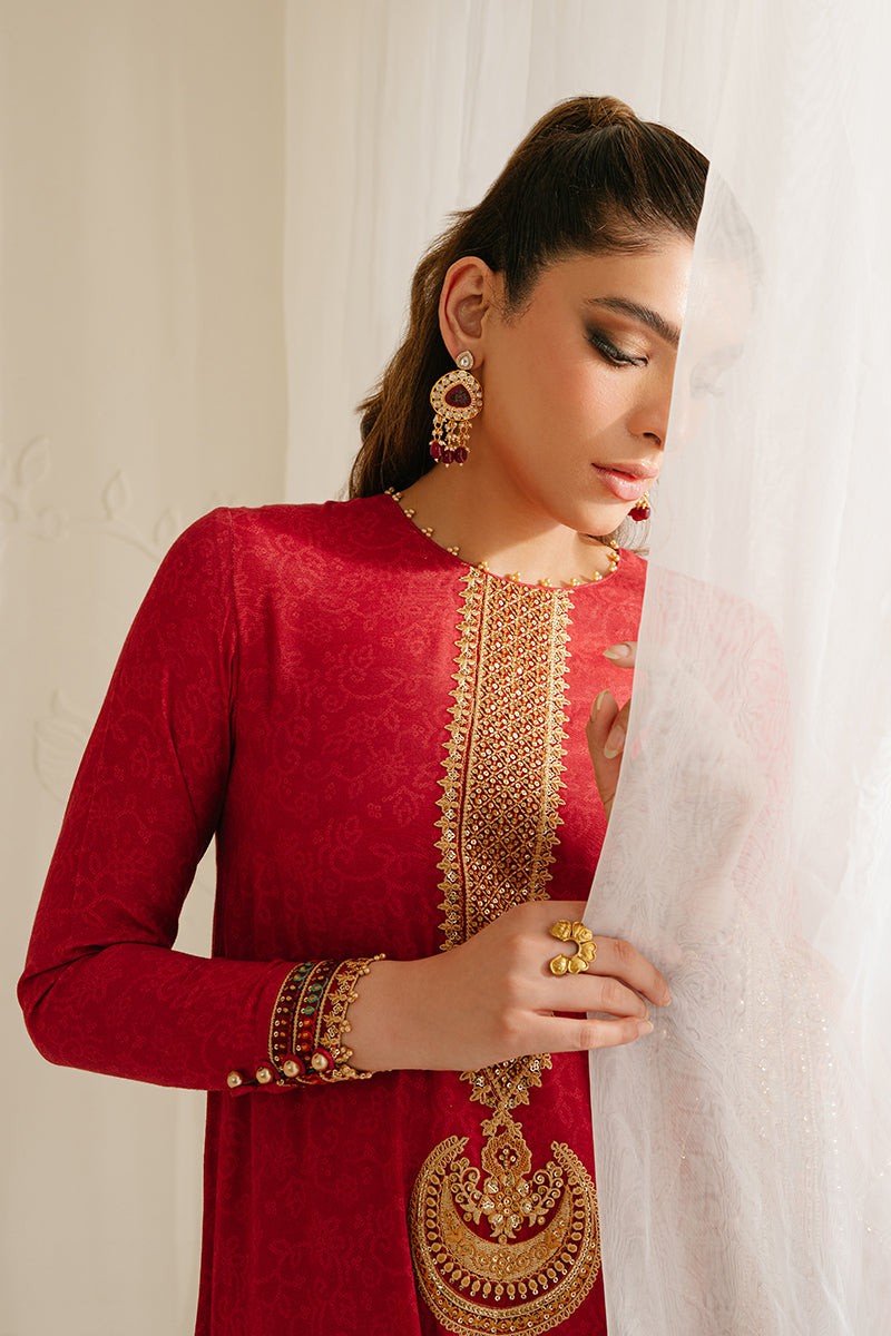 POMPEIAN RED-3PC SILK EMBROIDERED SUIT | WEDDING UNSTITCHED | CROSS STITCH in UK USA UAE online kapraye.com