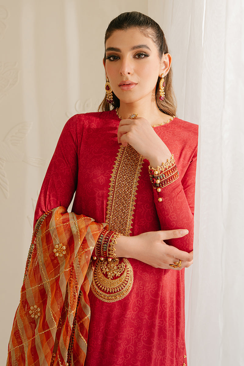 POMPEIAN RED-3PC SILK EMBROIDERED SUIT | WEDDING UNSTITCHED | CROSS STITCH in UK USA UAE online kapraye.com