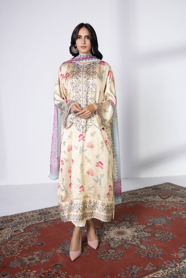 3 Piece - Printed Satin Suit || SILK || SAPPHIRE in UK USA UAE online kapraye.com